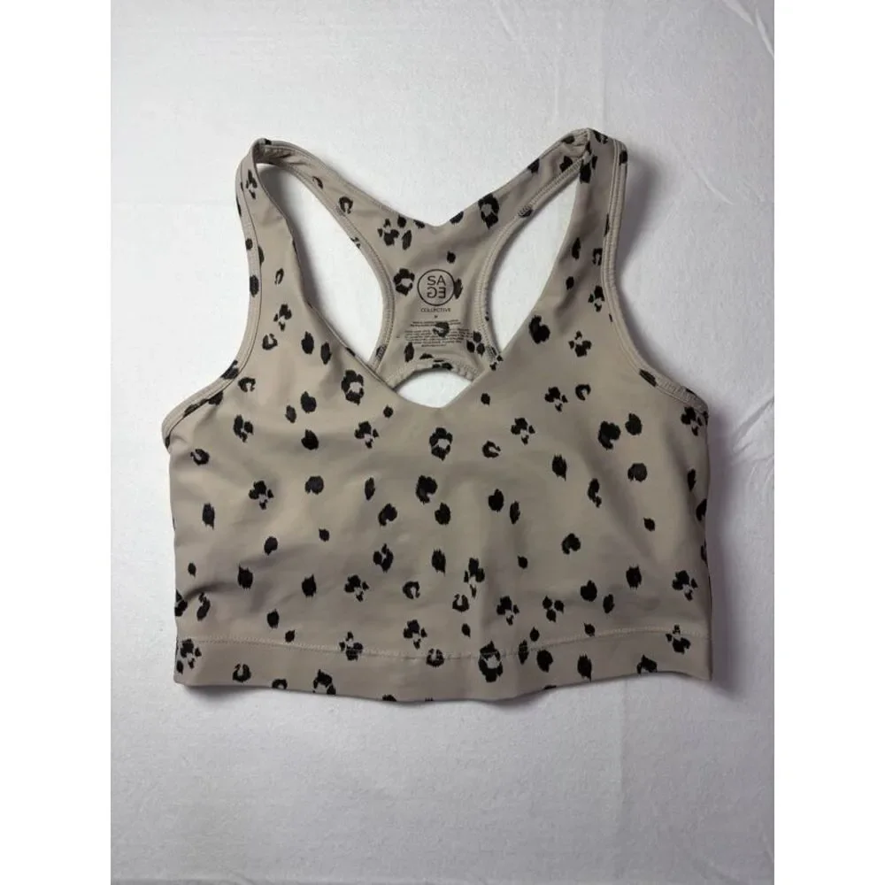 SAGE Collective Leopard Print Longline Sports Bra Taupe Beige Black Women M